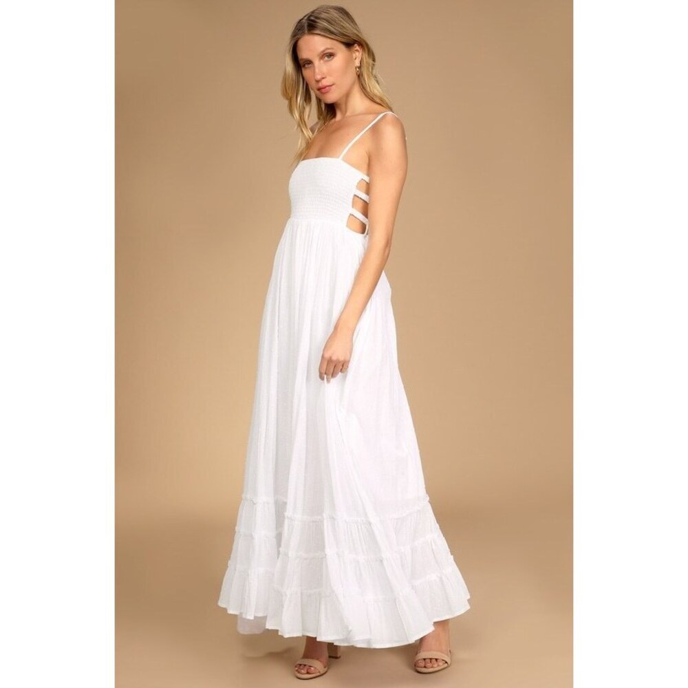 Lulus Serene Sunshine White Swiss Dot Smocked Cutout Tiered Maxi Dress